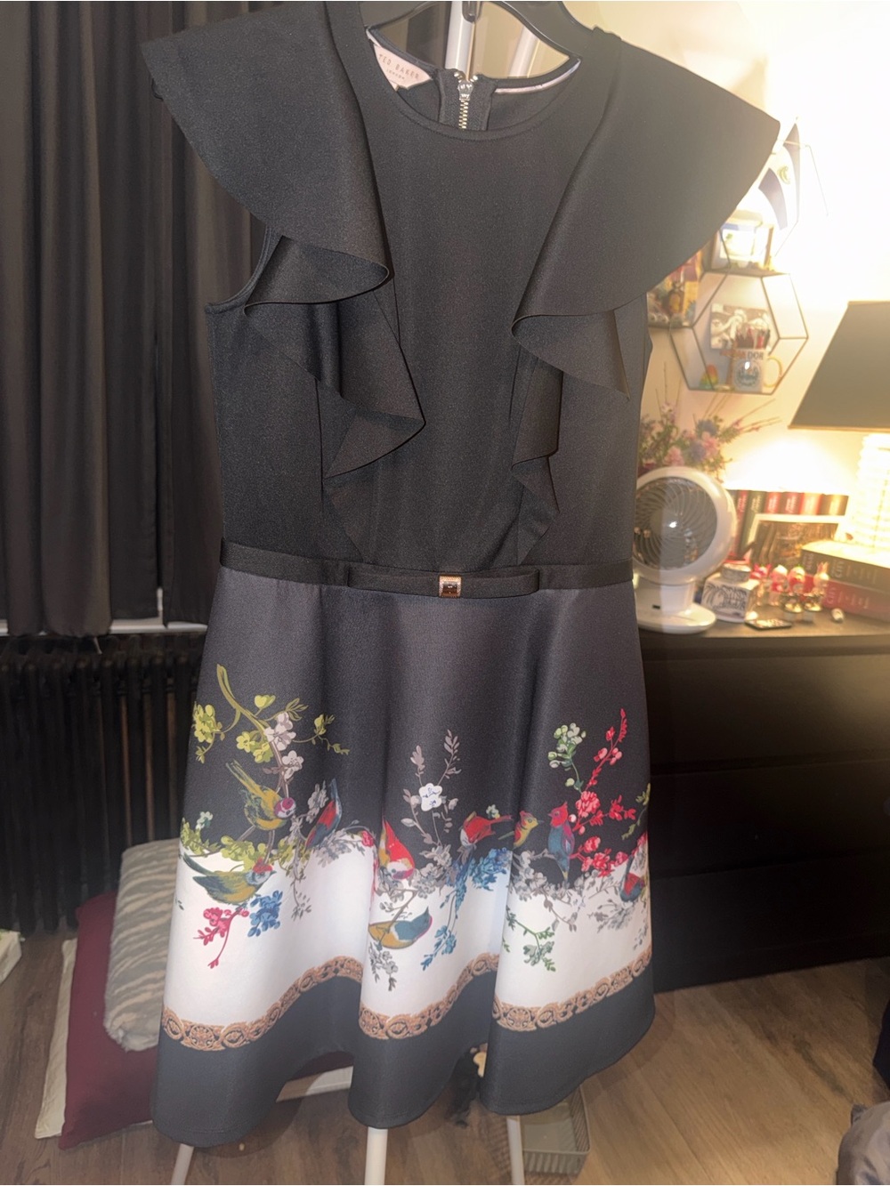 Ted Baker Black Fit-and-Flare Skirt Dress with Floral Hem